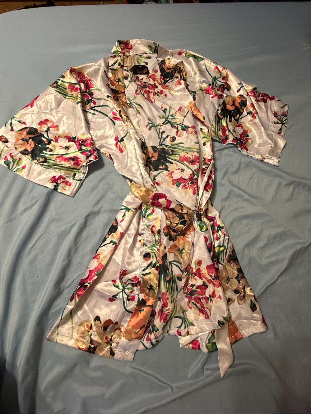 Floral Satin Kimono Robe - White with Multicolor Floral Print